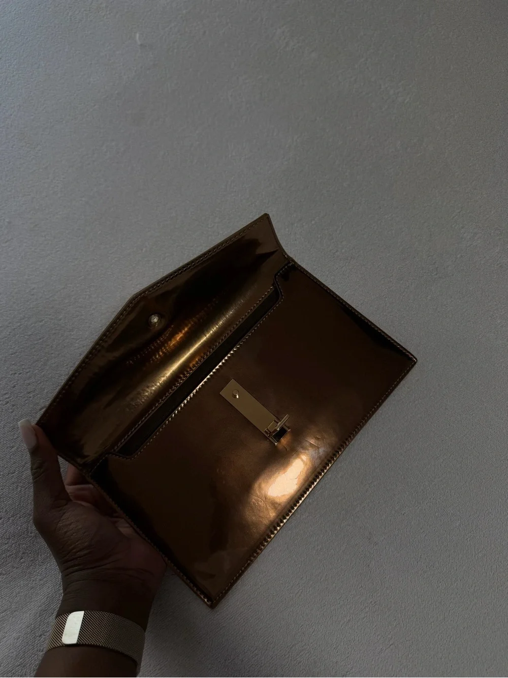 ALDO Bronze Patent Envelope Clutch Evening Bag with Gold Hardware